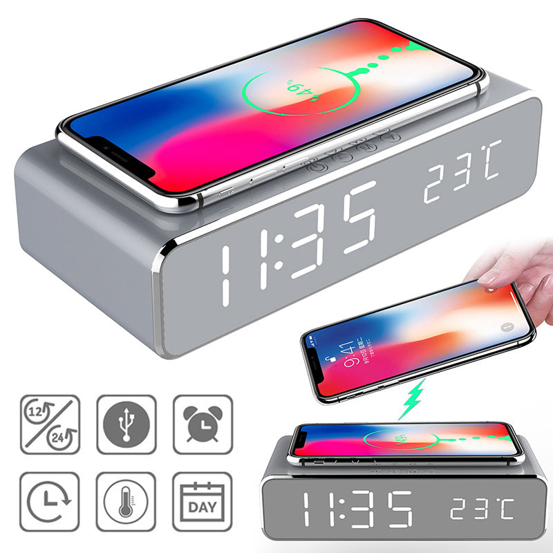 LED Electric Alarm Clock With Wireless Charger Desktop Digital Despertador Thermometer Clock HD Mirror Clock Watch Table Decor - TrendByte